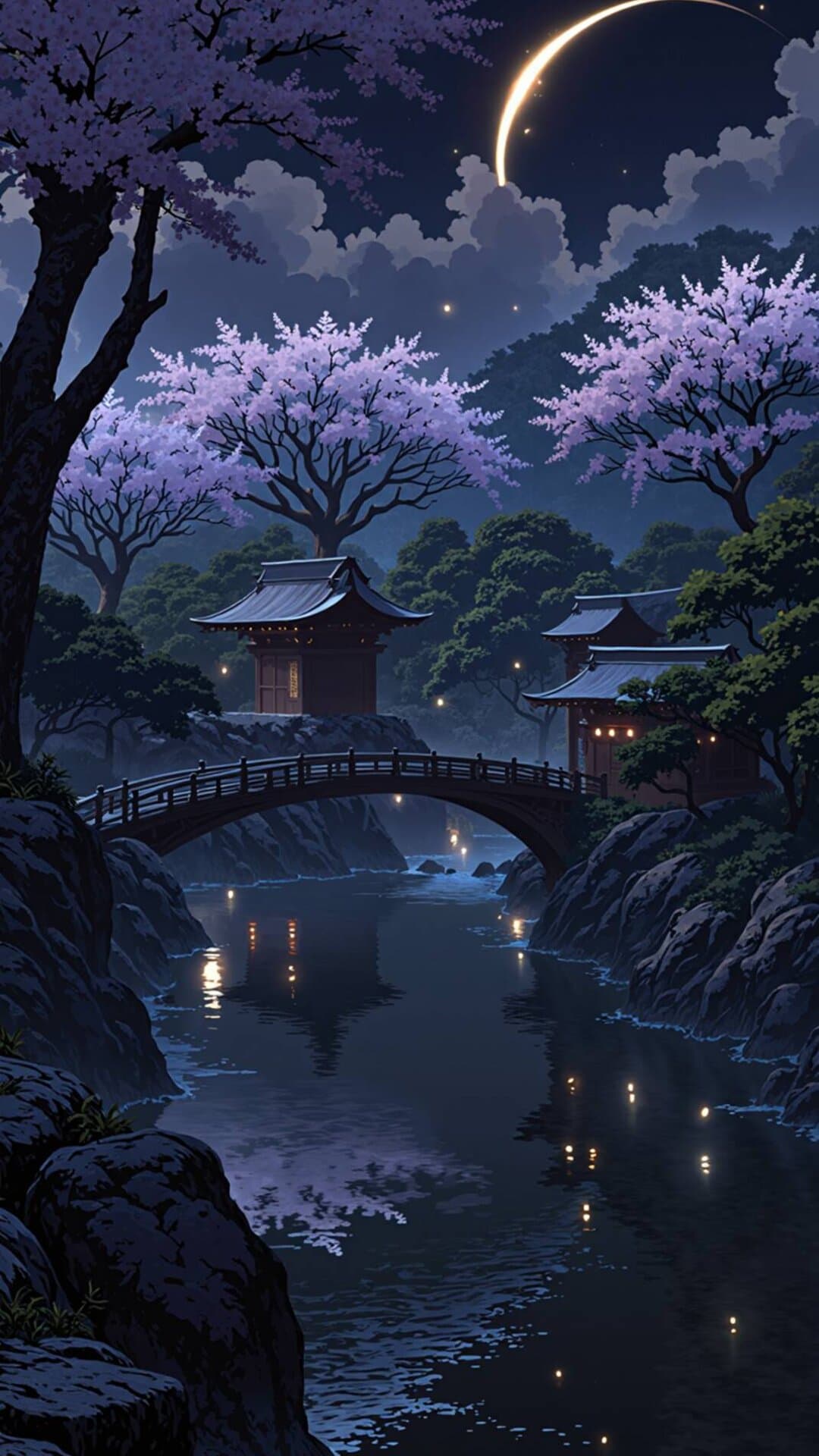 A serene, anime-style view of a cherry blossom-laden river under a crescent moon.