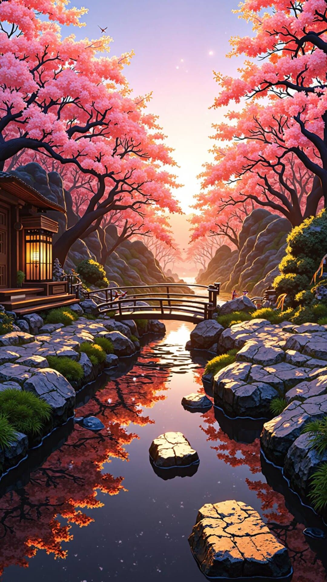 A vibrant, dreamlike Japanese scene with pink cherry blossoms lining a gentle stream at sunset.