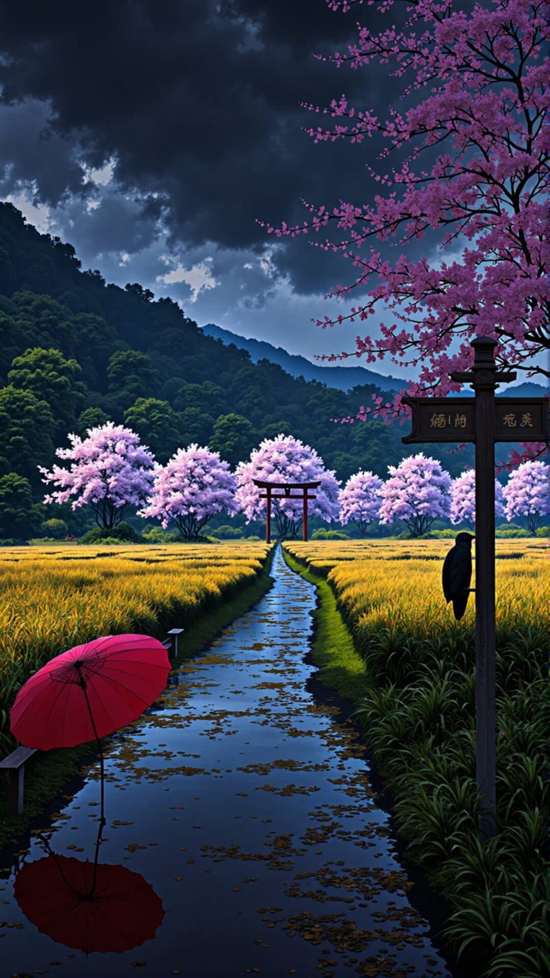 A scenic Japanese pathway flanked by vibrant pink cherry blossoms and golden fields under dramatic, moody skies. A dreamy and nostalgic scene.