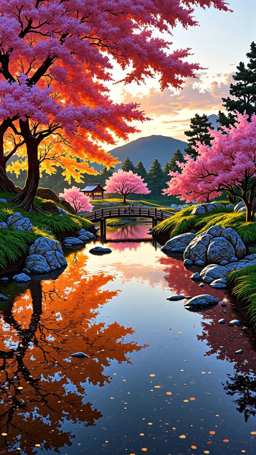 A vibrant spring scene featuring pink cherry blossoms, a small arched bridge, and a calm reflective pond at golden hour.