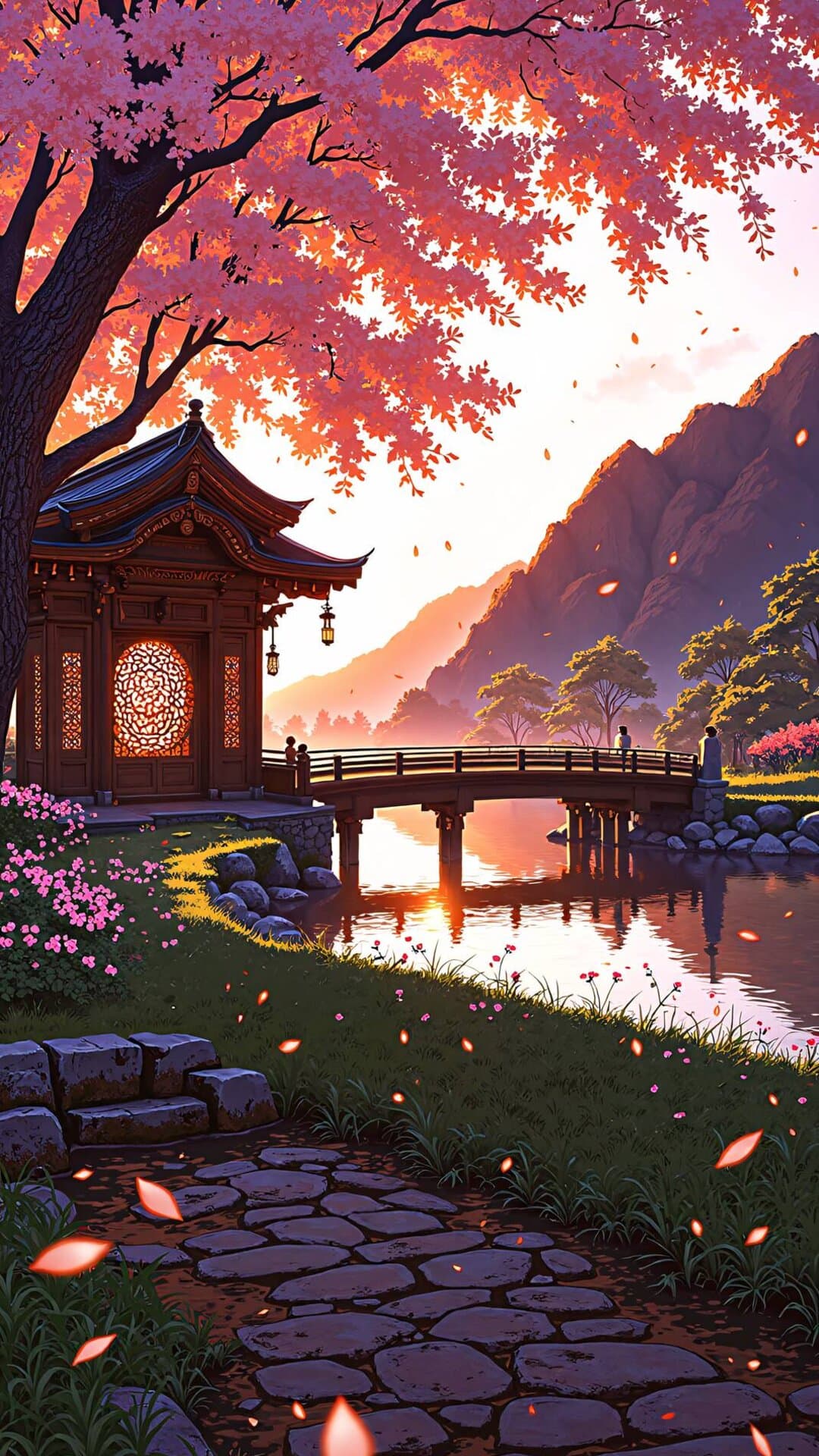 Vibrant Japanese temple complex by a tranquil water body at golden hour, surrounded by autumn foliage and illuminated by a warm sunset glow.