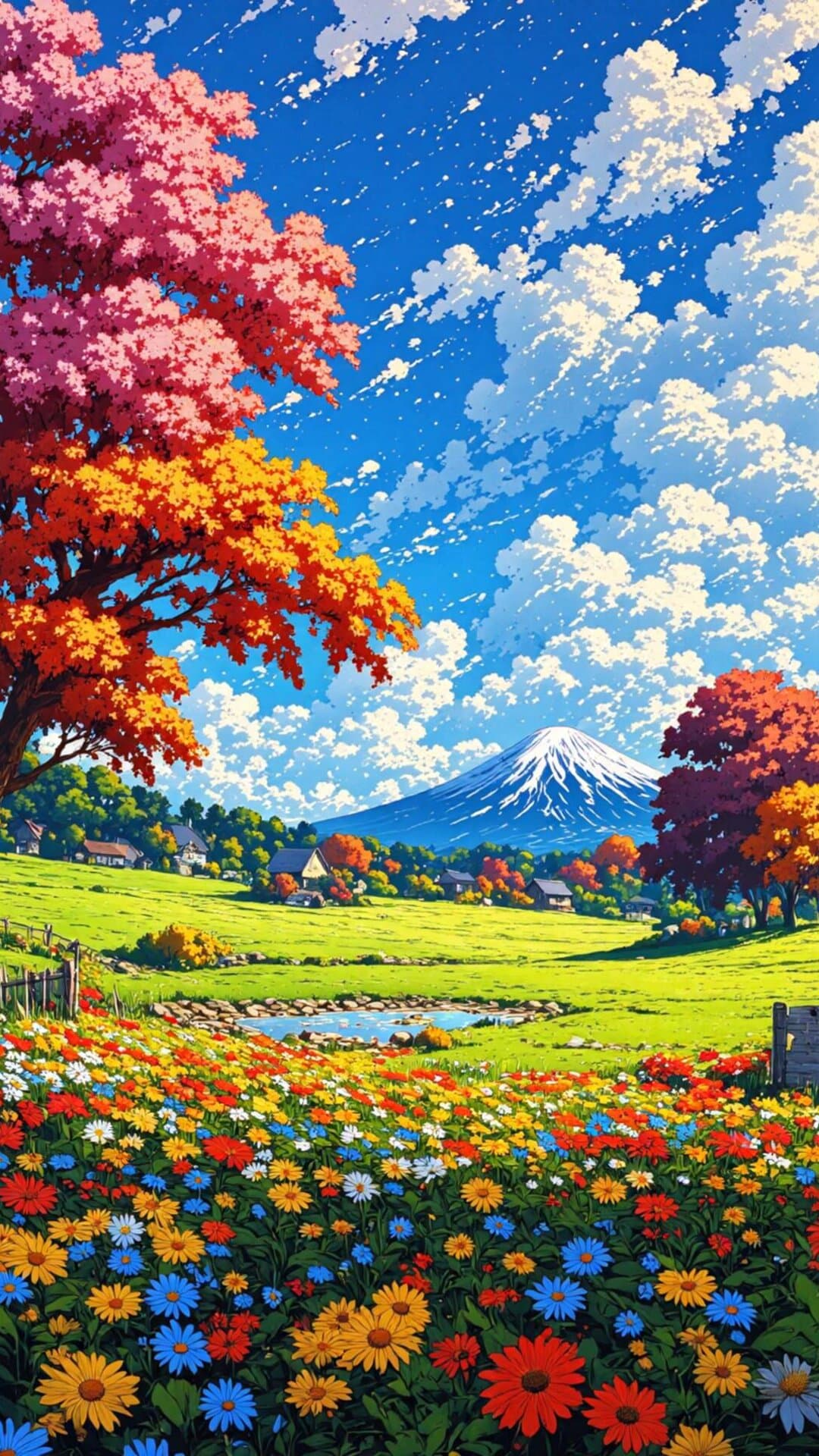Vibrant anime-style illustration of a cherry blossom-lined valley beneath a dramatic blue sky, featuring rolling green fields and a distant mountain.