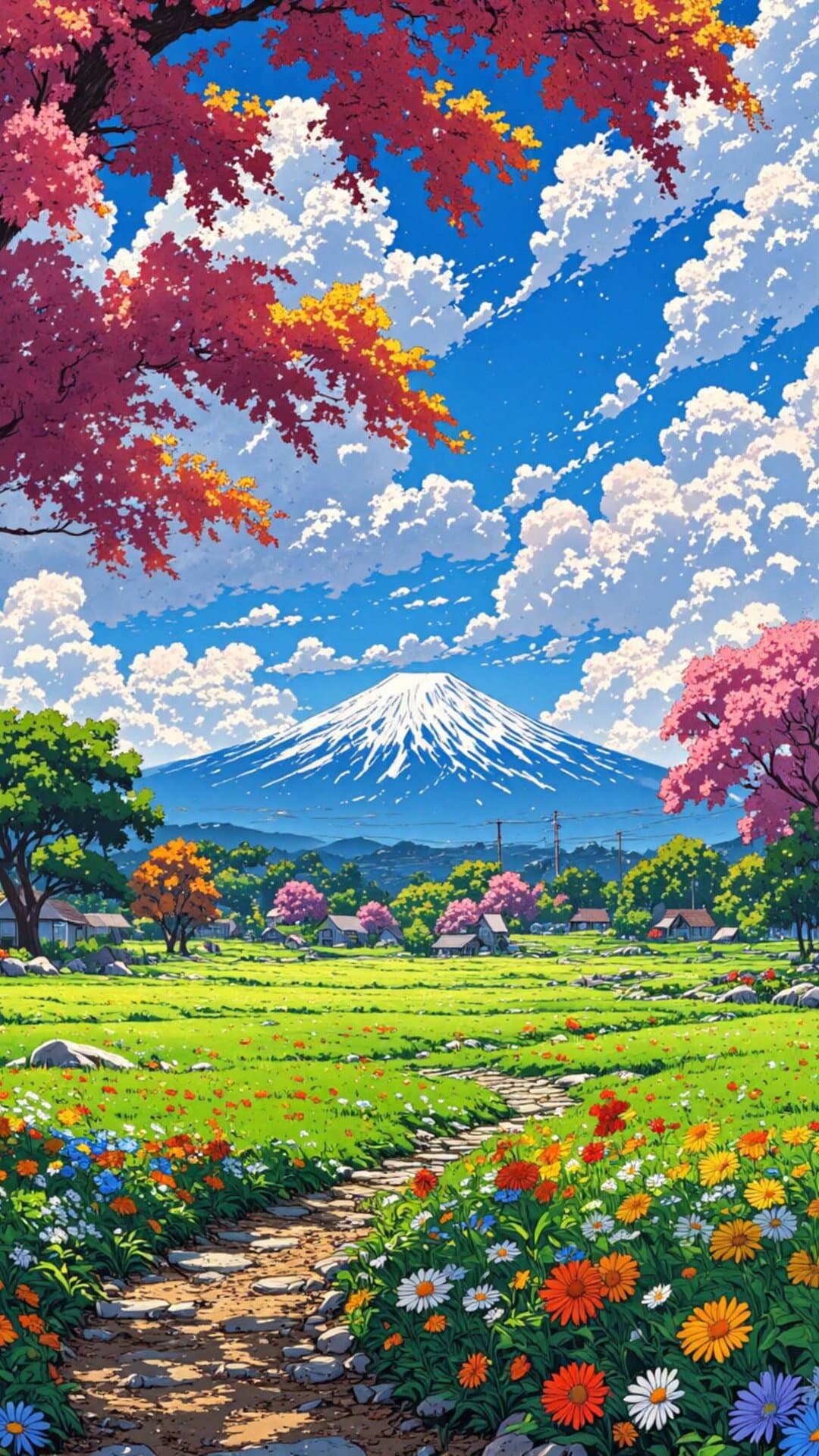 Vibrant anime-style illustration of a rural Japanese valley beneath a majestic Mount Fuji, framed by colorful cherry blossoms.