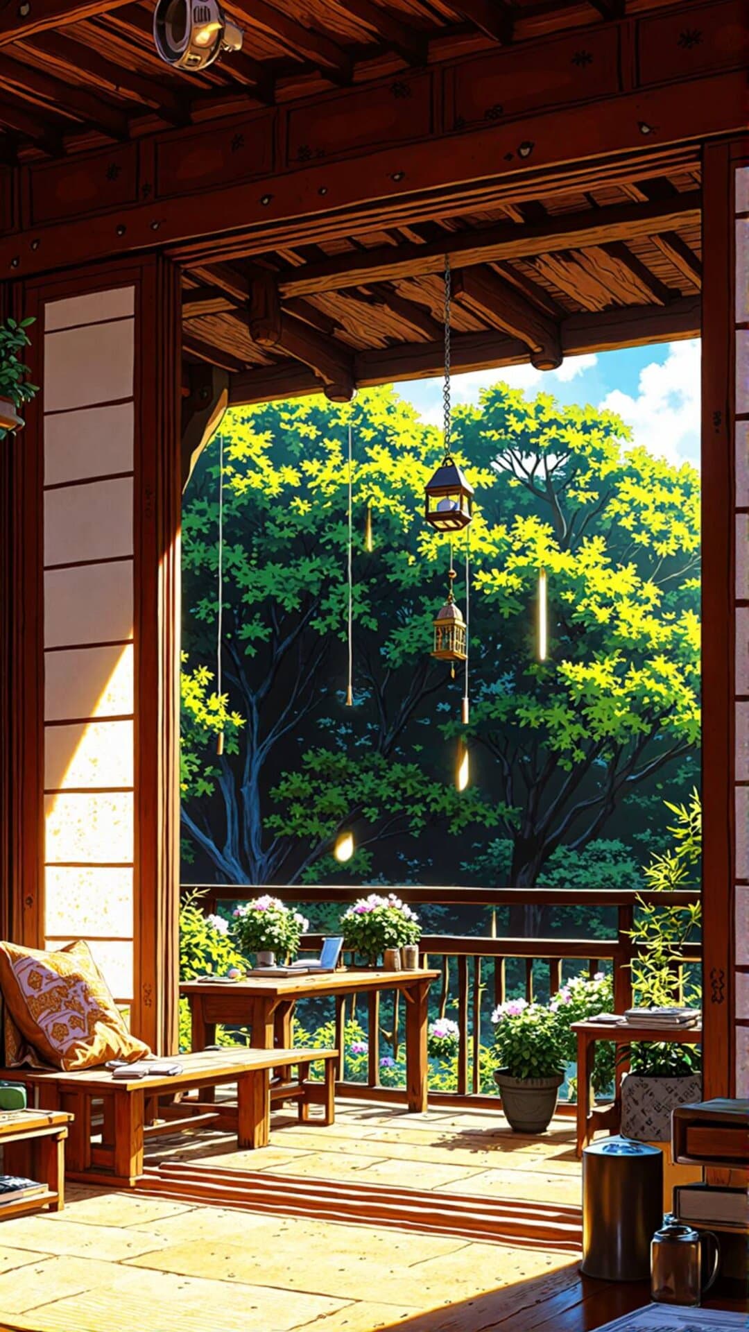 A beautifully rendered interior scene with a wooden veranda opening onto a vibrant, lush green forest under bright, cheerful sunlight.