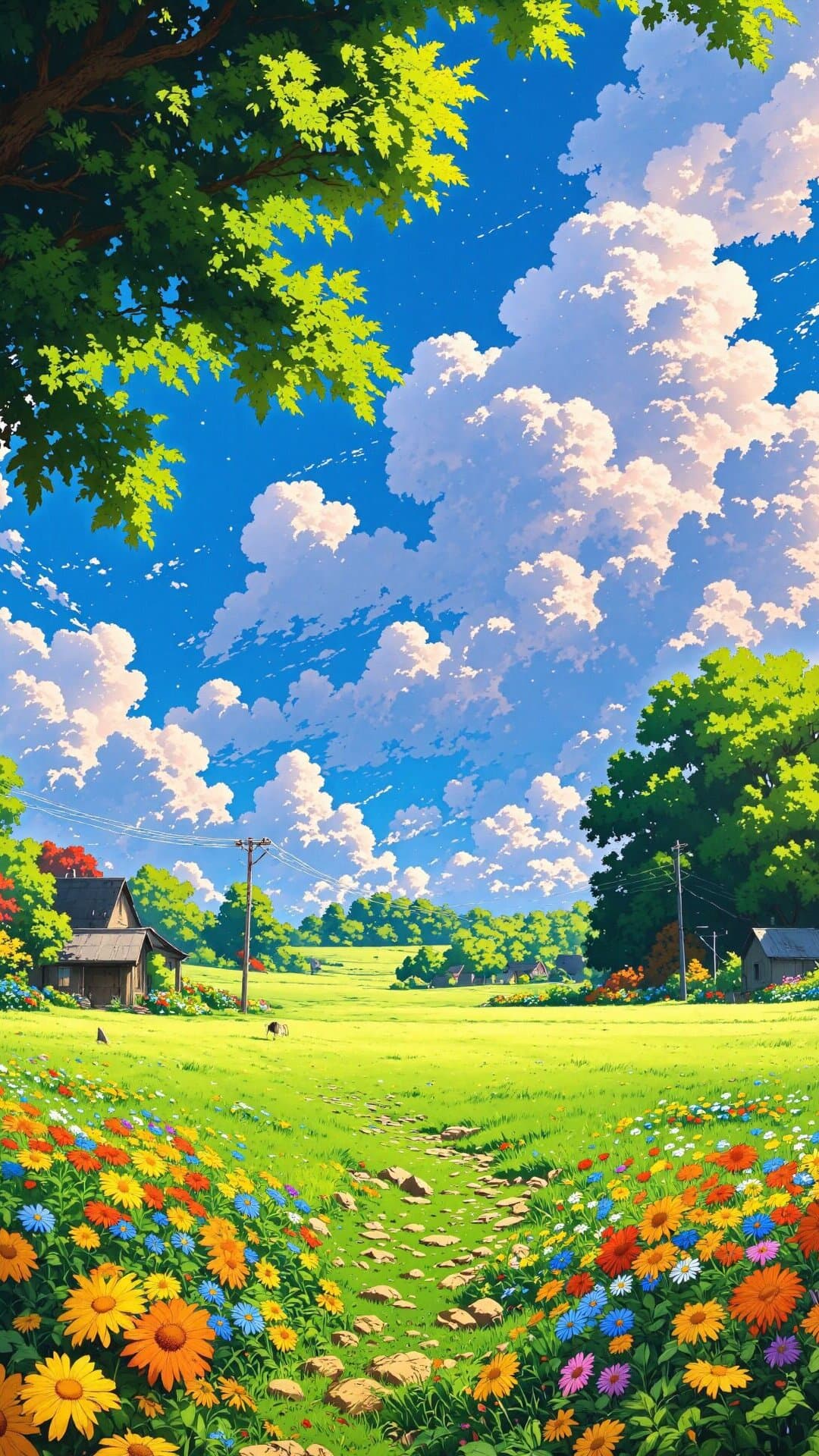 Vibrant, sun-drenched meadow filled with colorful wildflowers under a dramatic blue sky with puffy clouds.