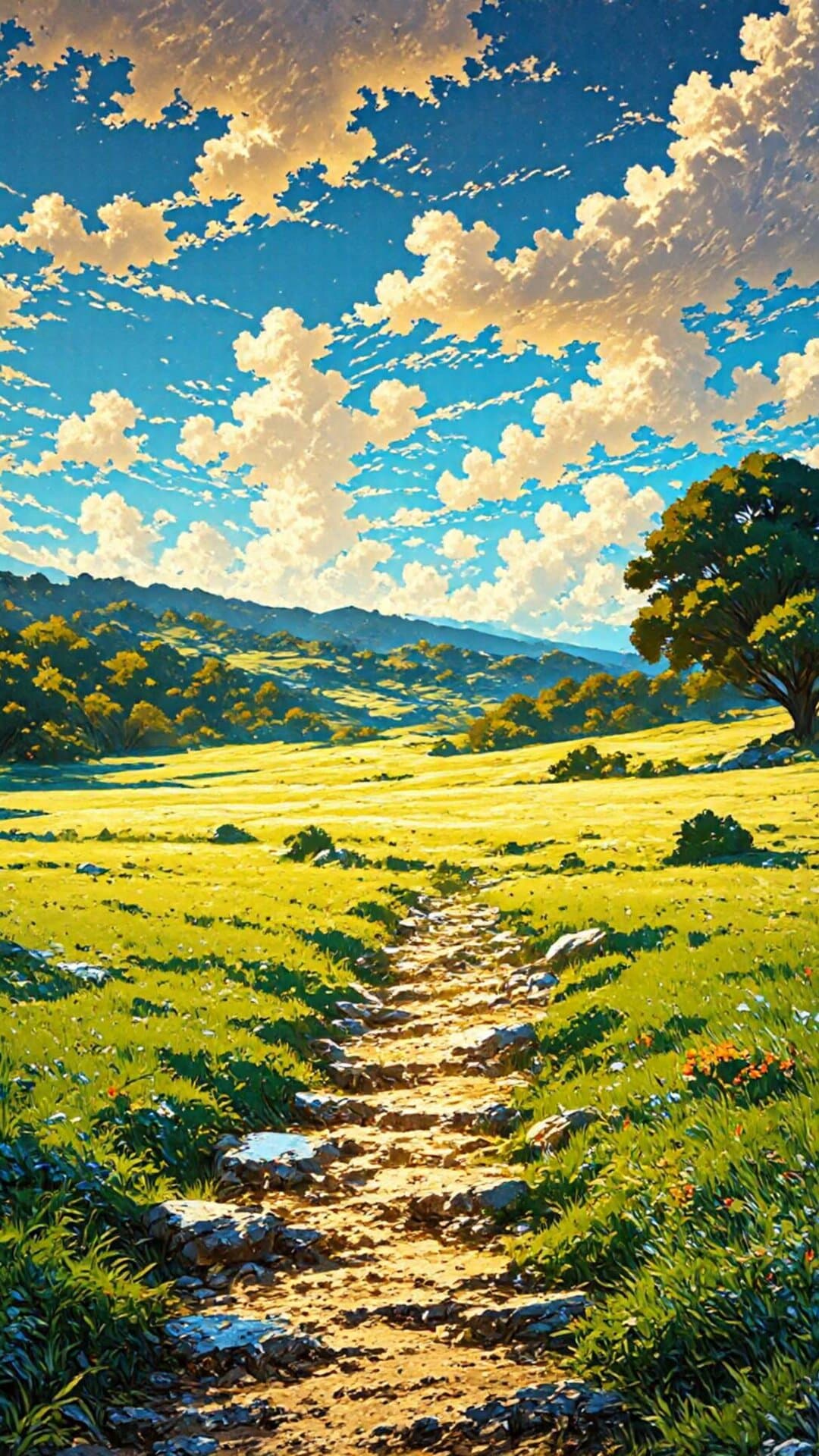 Lush, golden field with a winding path leading through rolling hills under a dramatic, bright blue sky.