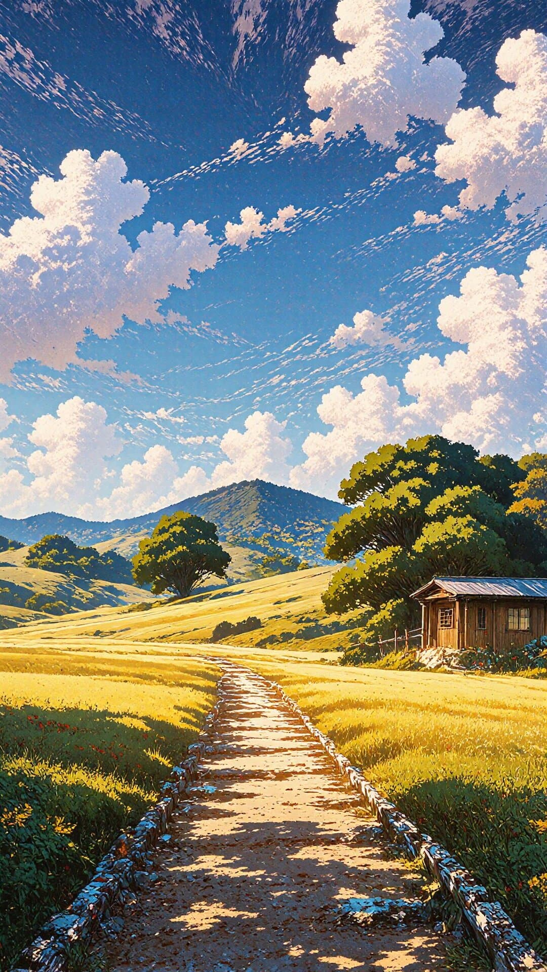 A beautiful, sun-drenched path leading through golden, rolling hills under a dramatic, bright blue sky.