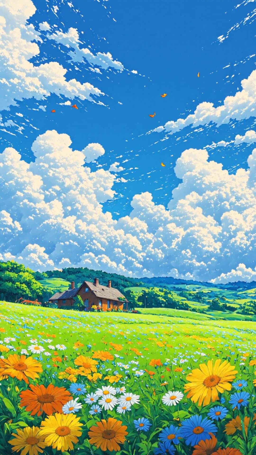 Vibrant, hyper-detailed illustration of a golden field of sunflowers and wildflowers under a dramatic, bright blue sky.