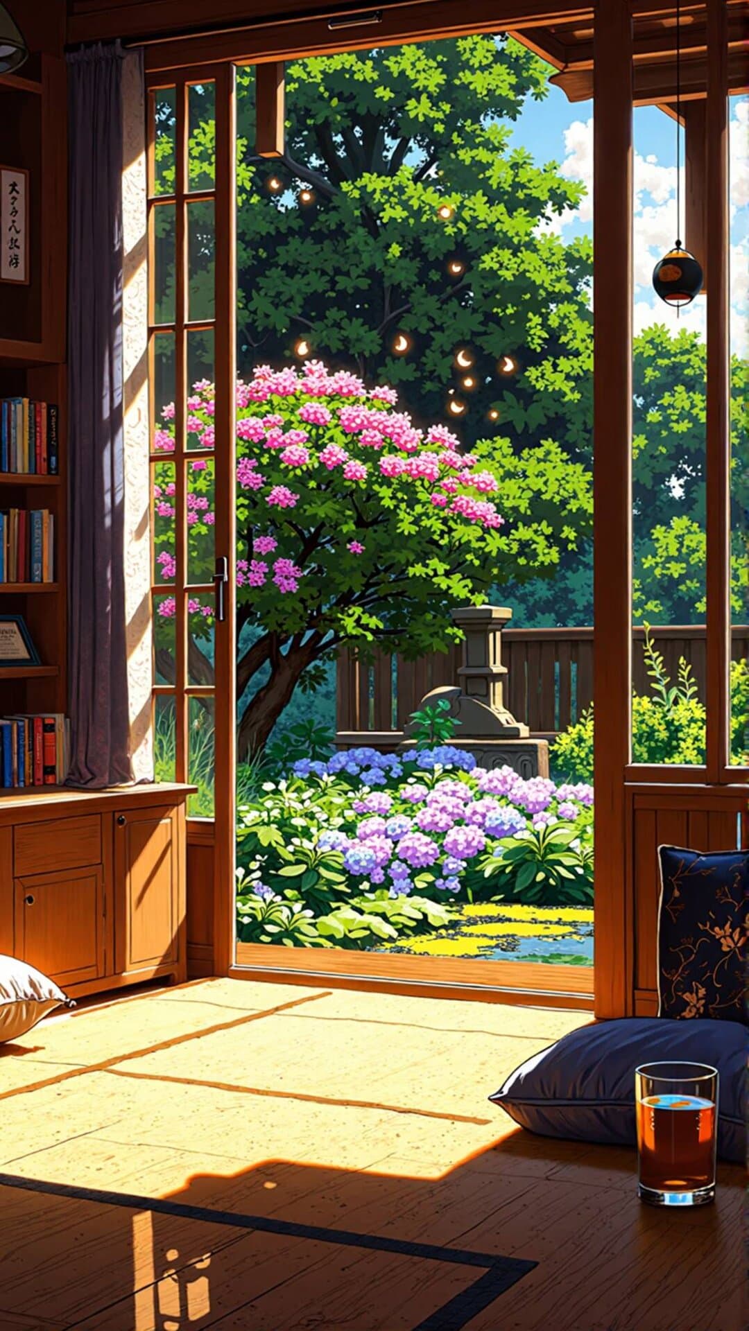 Bright, whimsical illustration of a cozy room opening to a lush, colorful garden, perfect for a peaceful moment.