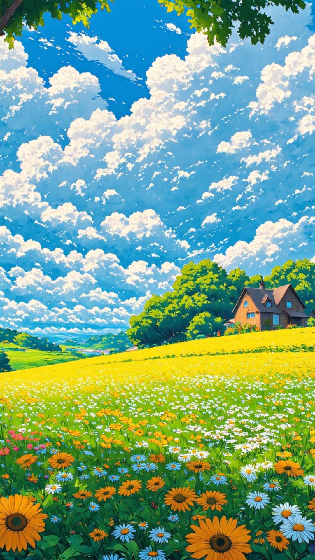 Vibrant, sun-drenched pastoral scene of a wildflower meadow with blue sky and scattered clouds, leading to a cozy cottage in the distance.