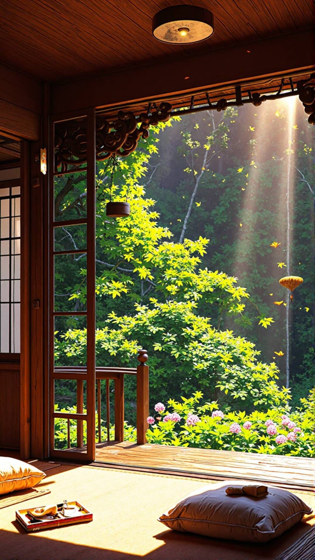 A warmly lit interior space opening onto a vibrant, sun-drenched forest canopy, radiating peace and natural beauty.