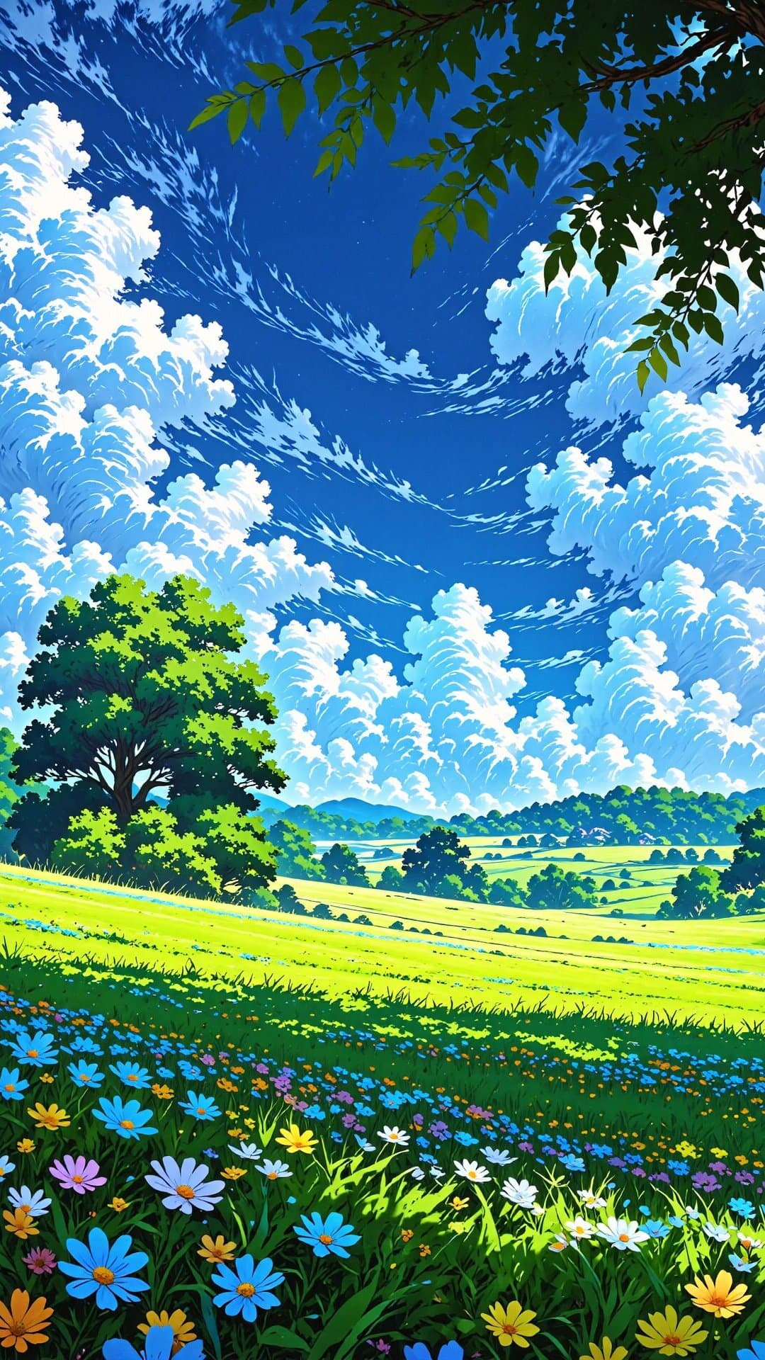Vibrant illustration of a sun-drenched meadow with colorful flowers under a dramatic blue sky and fluffy clouds.
