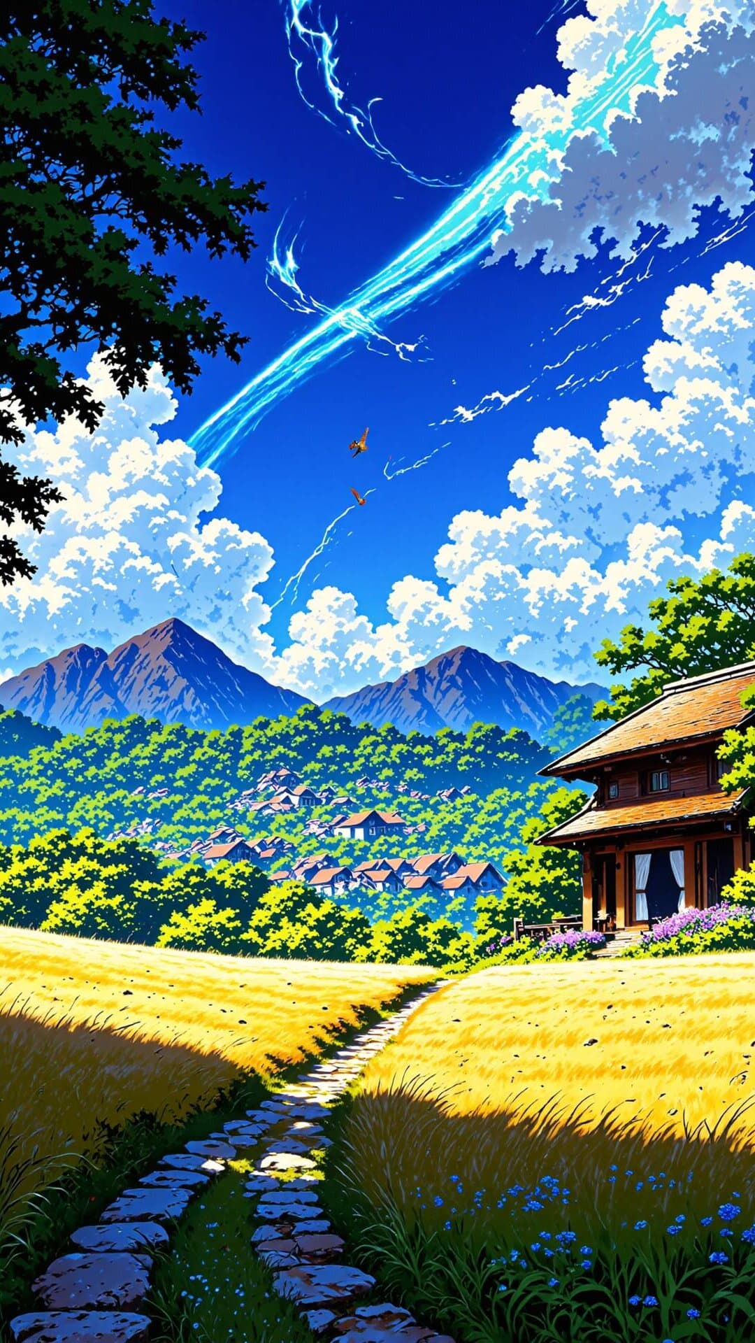Vibrant anime-style illustration of a path through golden fields towards a picturesque village nestled among lush mountains and dramatic blue skies.