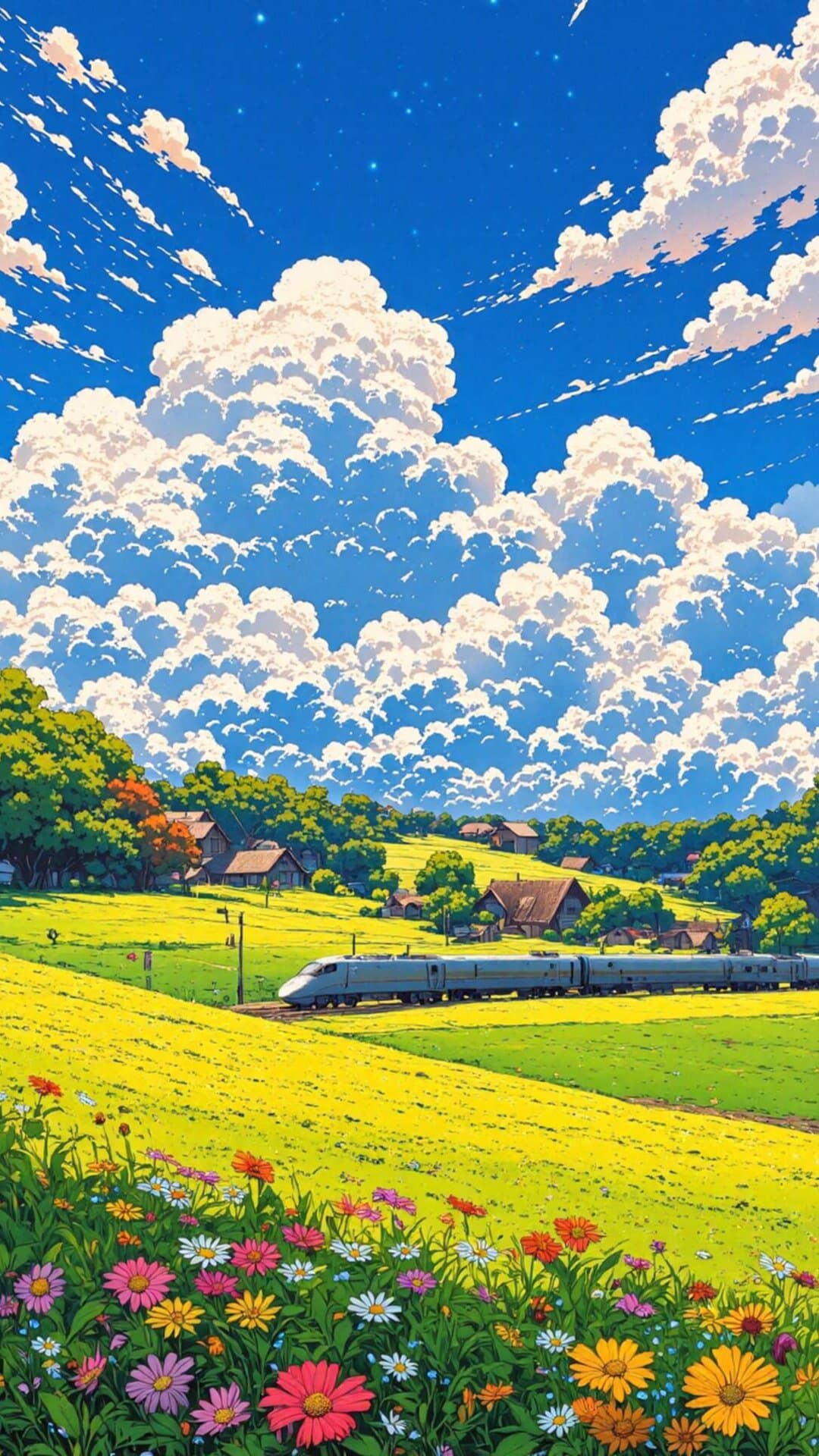 A vibrant, cinematic illustration of a train passing through expansive, blooming yellow fields under dramatic blue skies.
