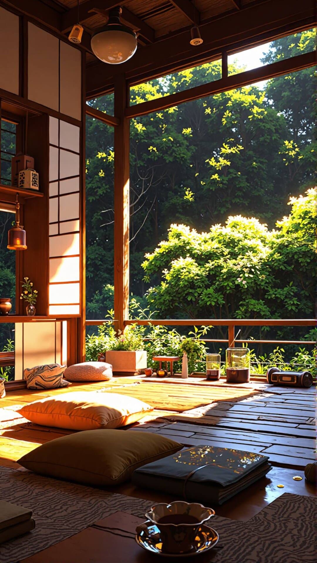 A serene interior space with large windows offering a lush, vibrant forest view, perfect for peaceful relaxation.