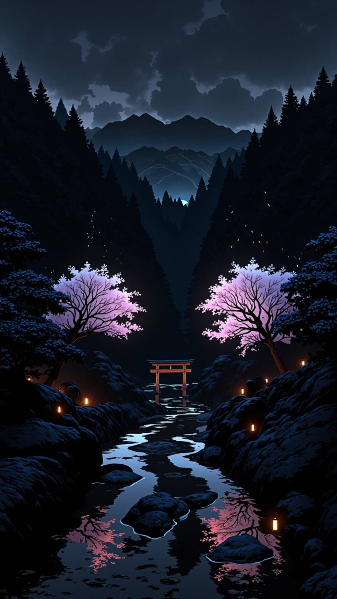 A deeply atmospheric, anime-style depiction of a winding path through a dense, luminous forest at twilight, featuring a traditional Japanese shrine.