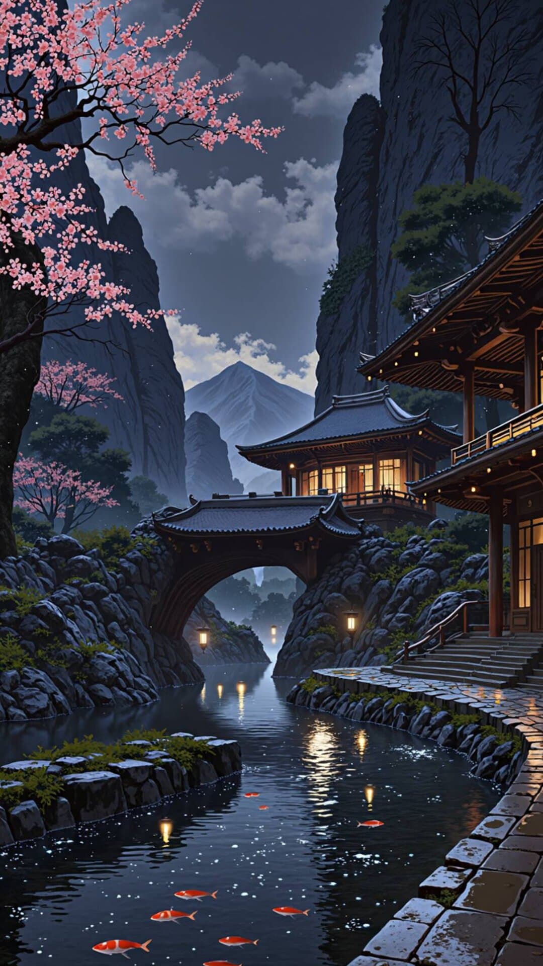 A breathtaking cinematic fantasy landscape featuring a serene river flowing through mountainous cherry blossom-lined architecture during a dramatic twilight.