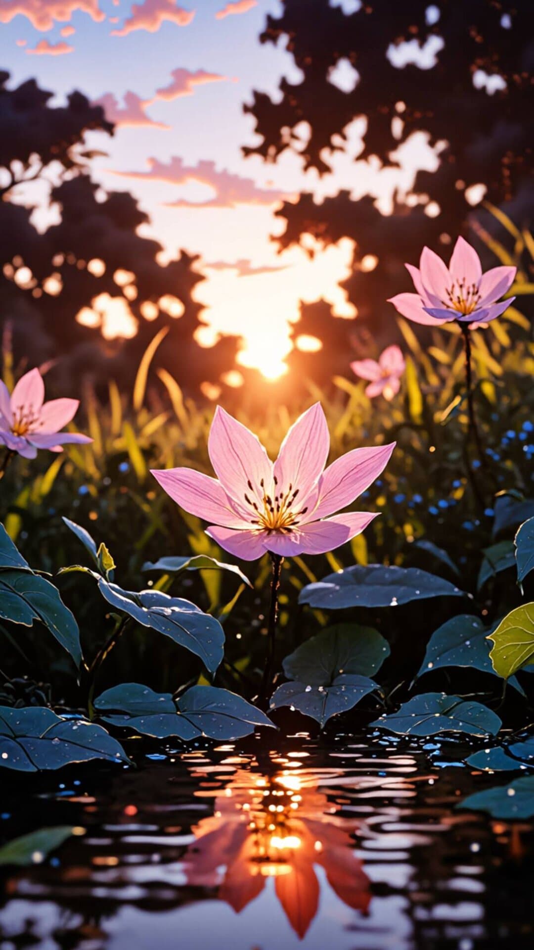 A serene depiction of pink lotus flowers reflecting brilliant golden hour sunlight on tranquil water.
