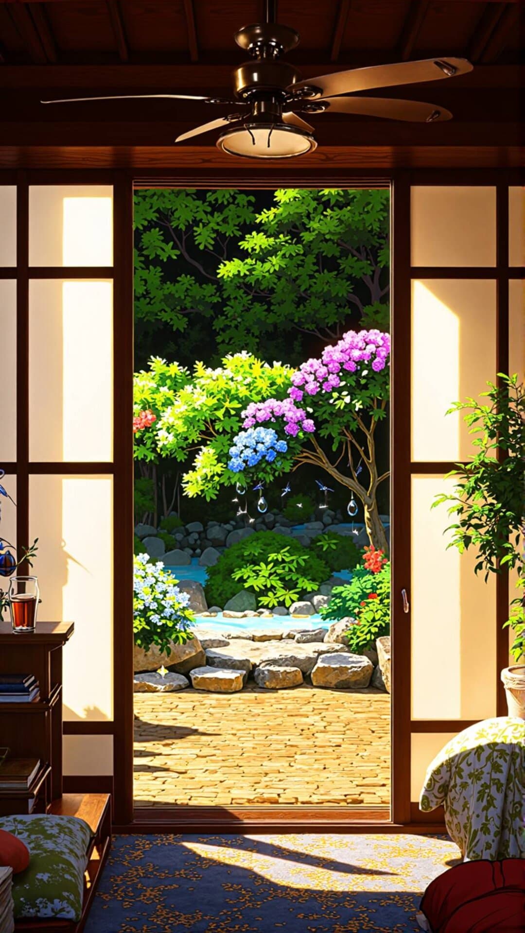 A vibrant, lush tropical garden view seen through a modern glass door, filled with colorful flowers and natural light.
