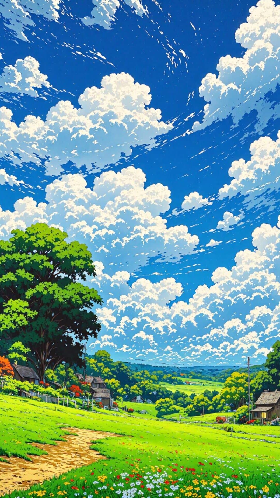 Highly saturated illustration of a lush green meadow with wildflowers, dramatic cumulus clouds, and rolling hills under bright daylight.