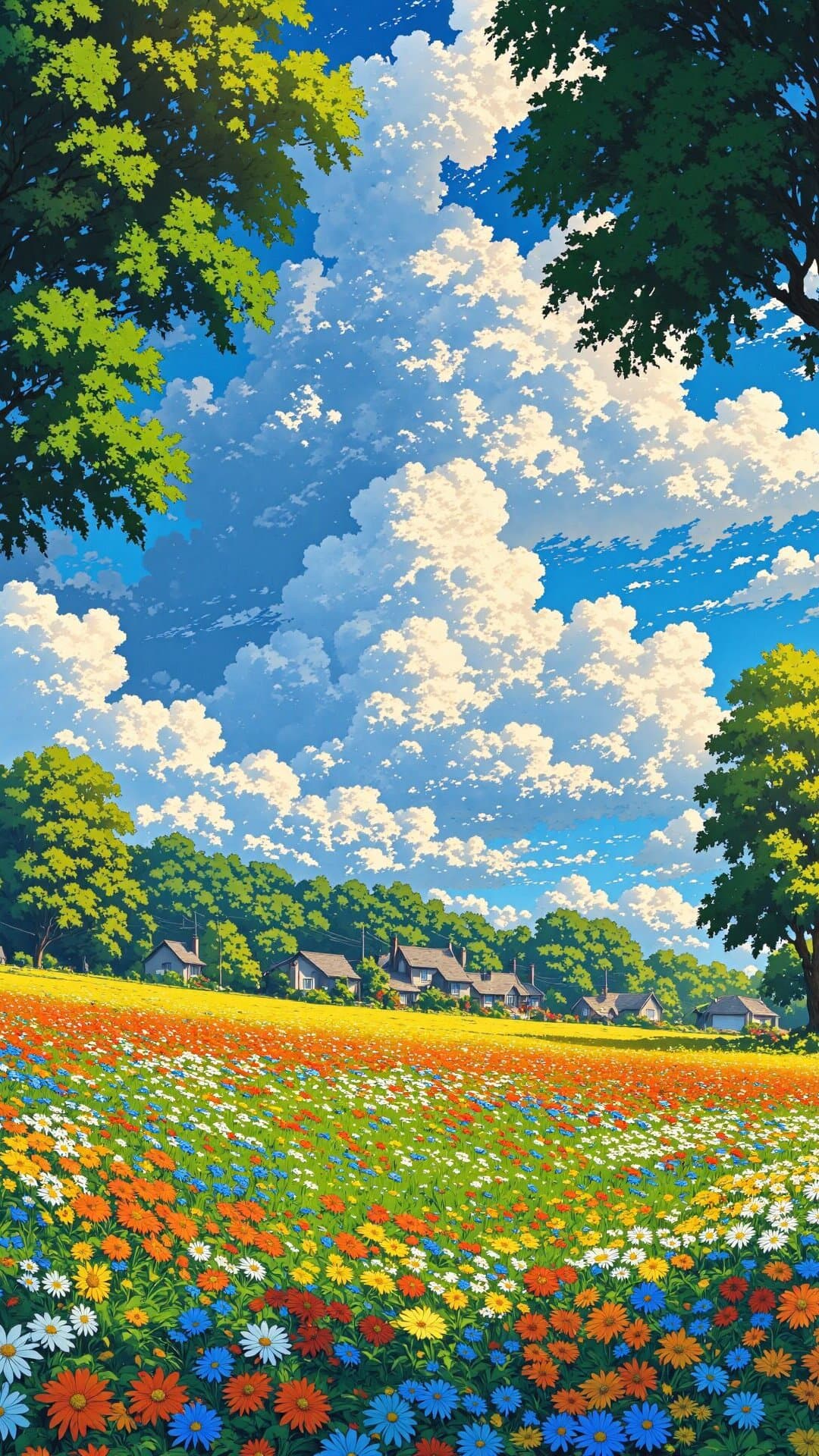 A breathtaking, highly saturated digital painting featuring a field of colorful wildflowers leading to cozy cottages under a brilliant blue sky with dramatic cumulus clouds.