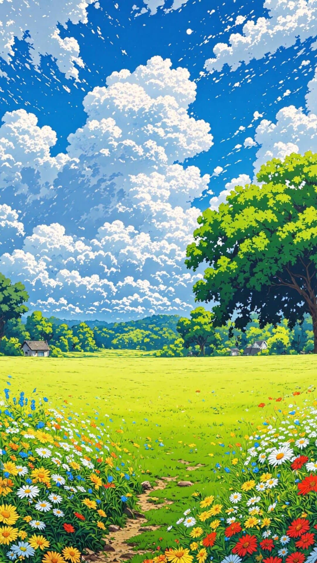 Bright, colorful cartoon illustration of a vibrant, sunny meadow with colorful flowers and deep blue, cloud-filled sky.