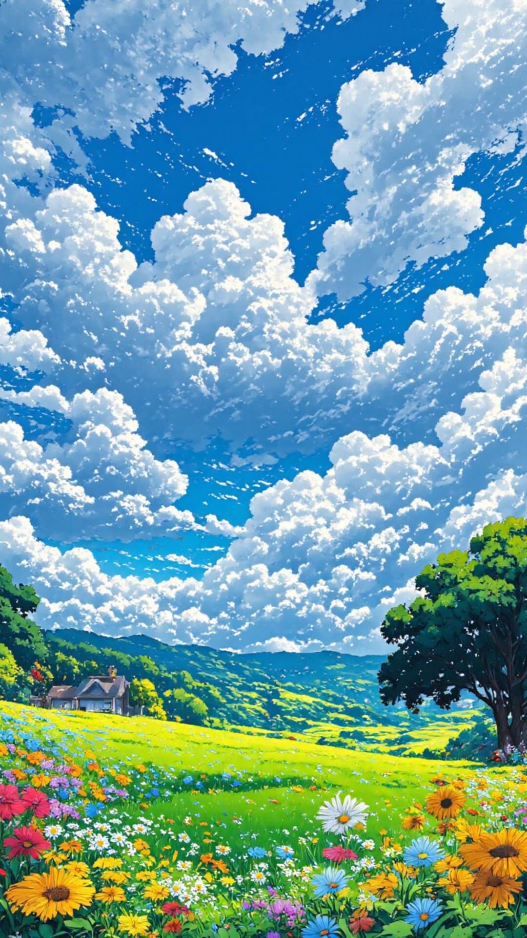 A breathtaking, highly saturated dreamscape of a vibrant meadow filled with sunflowers and wildflowers under a dramatic blue sky and fluffy clouds.