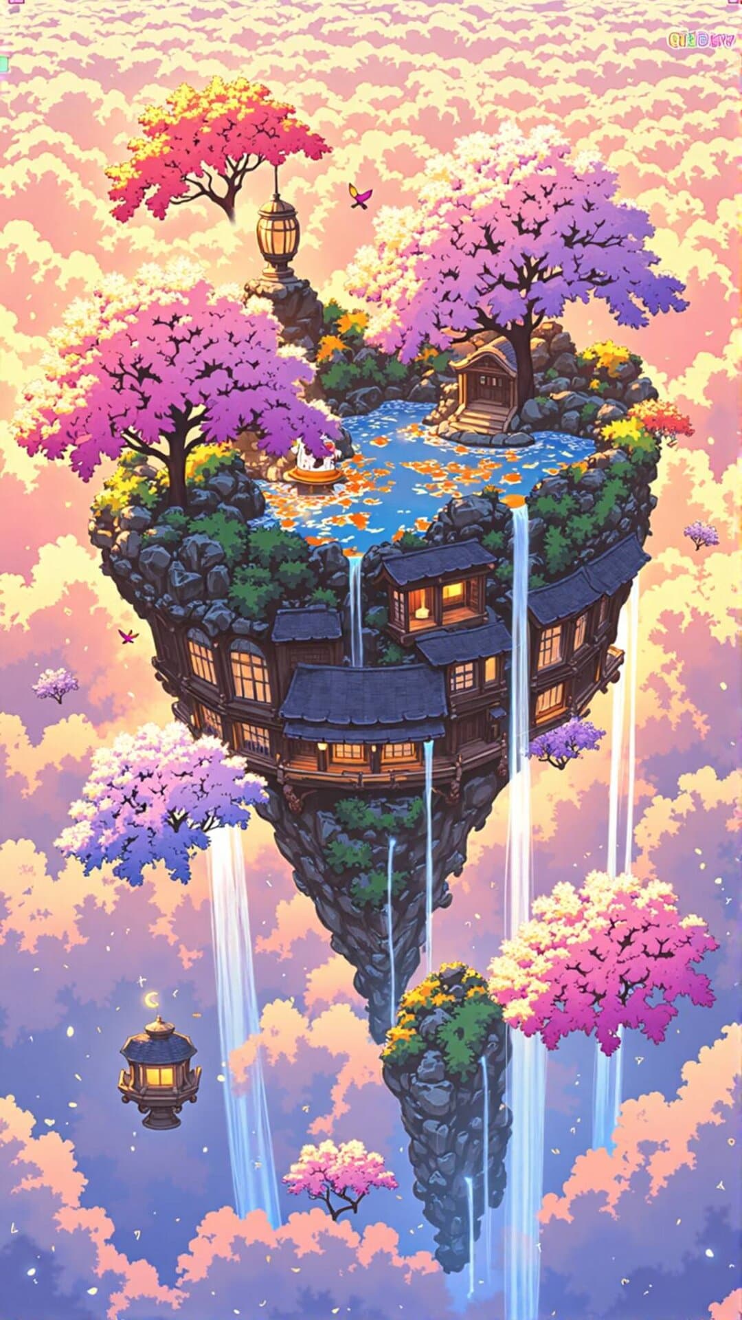 A vibrant, dreamlike illustration of a Japanese temple built on a floating island, surrounded by blooming cherry blossoms and cascading waterfalls.