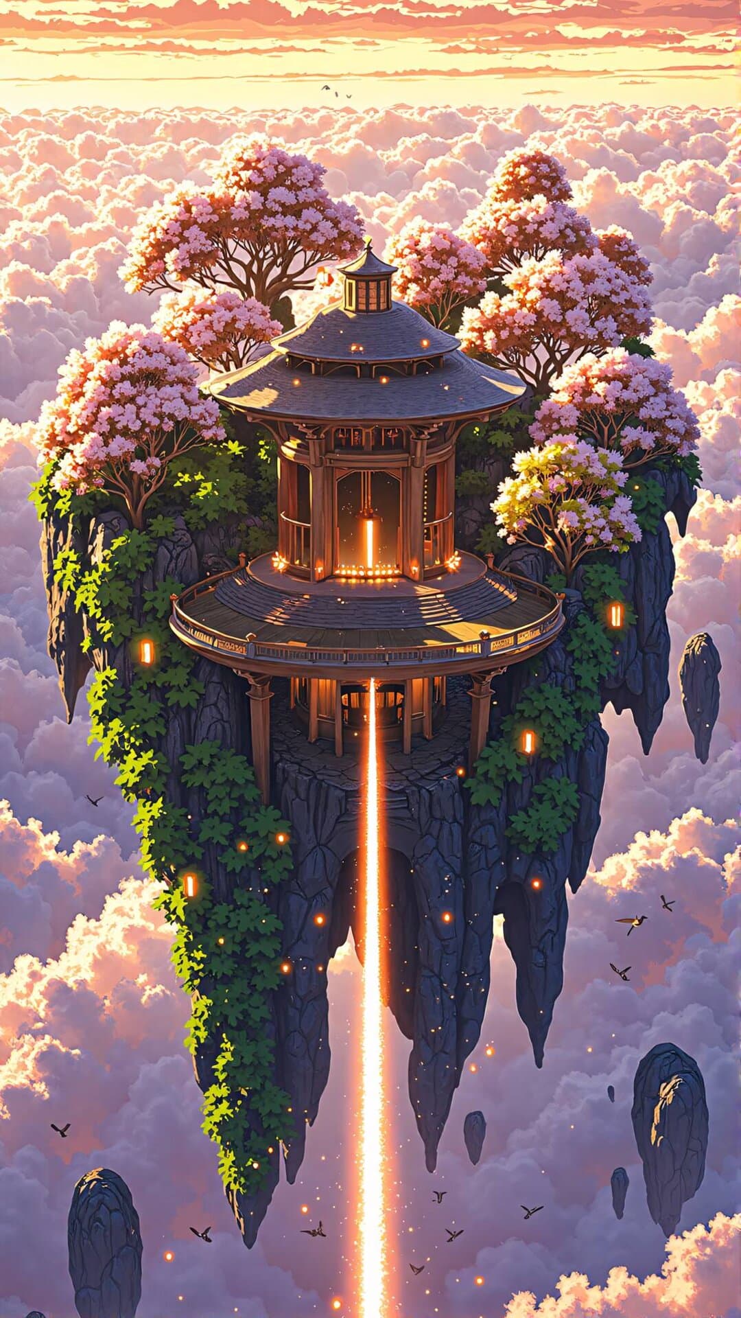 A beautiful, ethereal scene of a floating pagoda cascading into soft clouds, bathed in golden light.