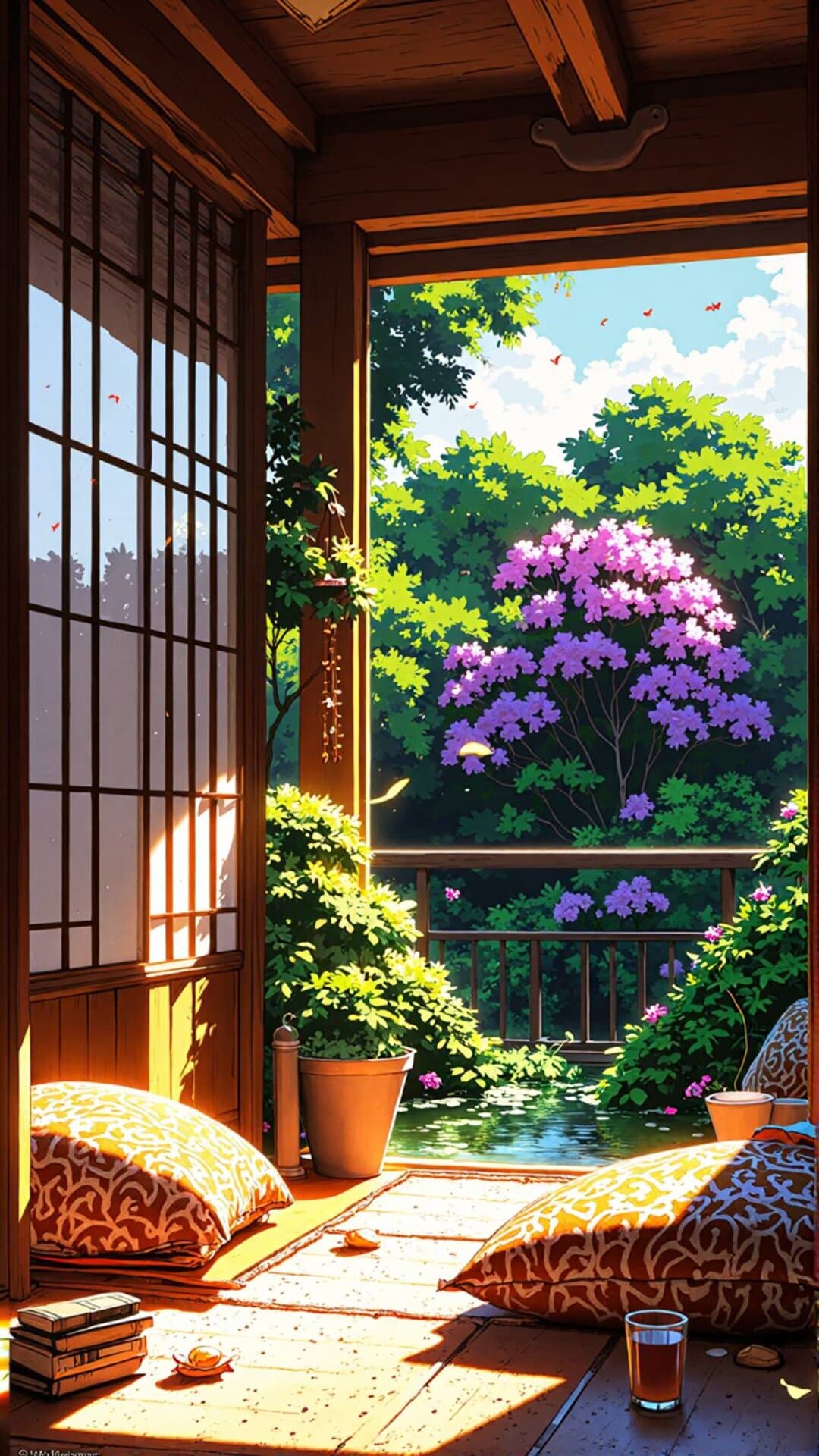 Sunlit interior looking out onto a vibrant, lush tropical jungle scene through large wooden windows.