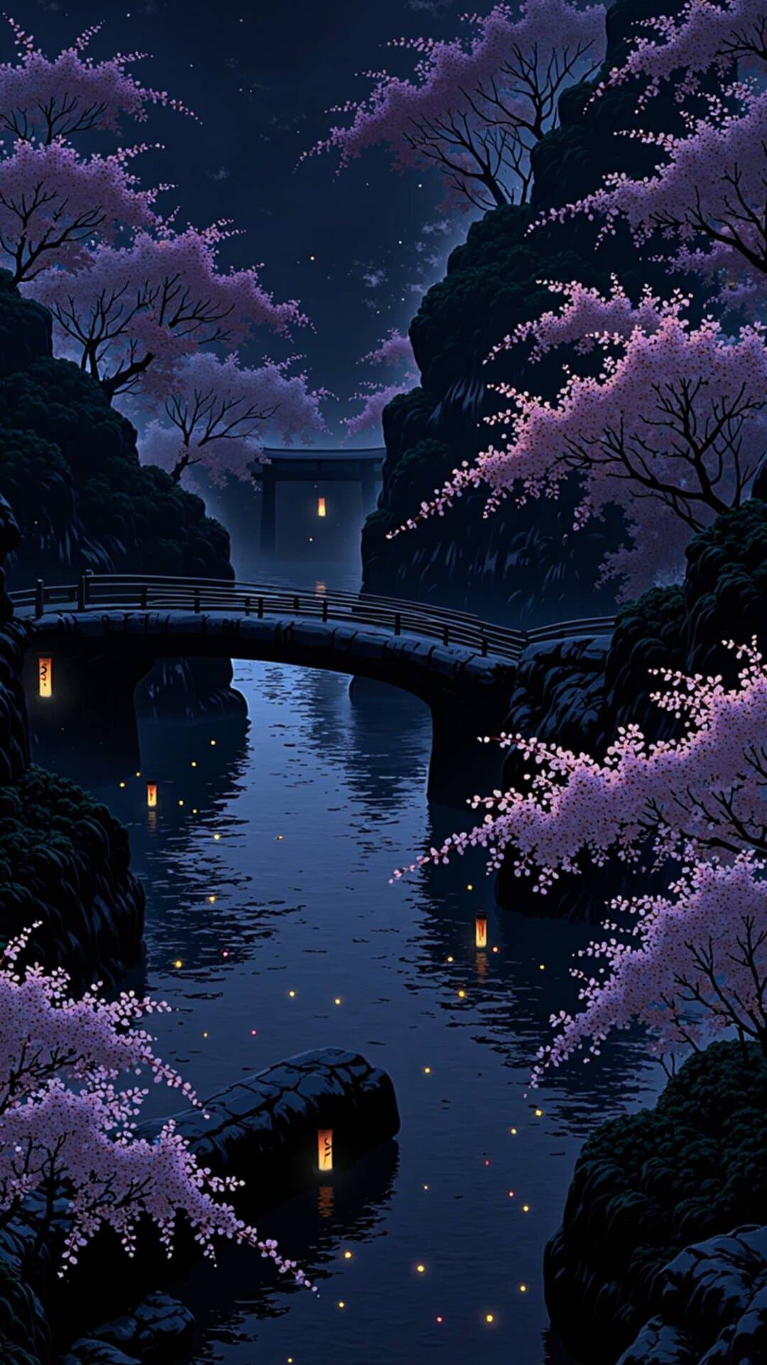 A deeply tranquil, cinematic scene featuring a stone bridge over dark water, framed by blooming wisteria and lush nature.