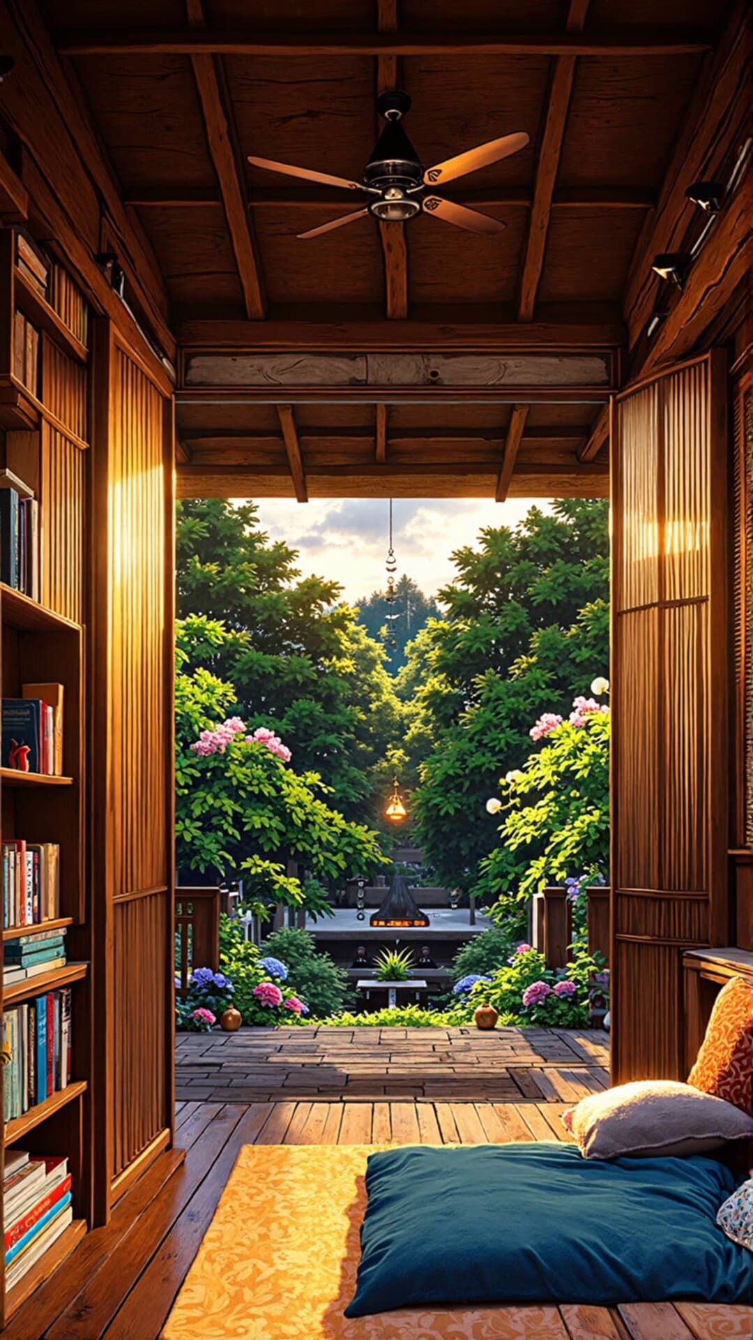 A cozy, sun-drenched indoor-outdoor wooden porch leading to a lush, vibrant garden view.