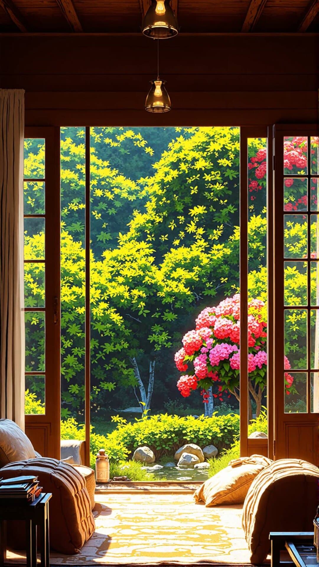 Sunlit indoor space with wooden window frames overlooking lush, vibrant yellow and green foliage.